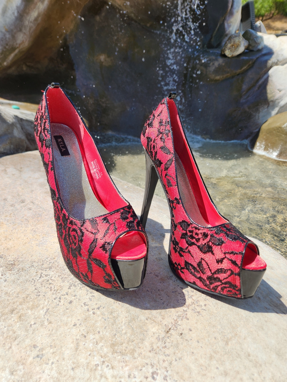 Red Lace Peep-Toe Platform Heels - Women's High Heels